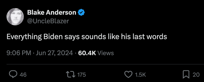 2024 presidential debate tweet reading "Everything Biden says sounds like his last words"